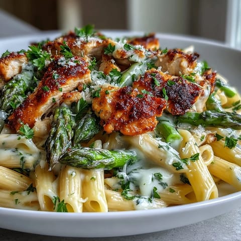 Golden, crispy Parmesan asparagus and sliced seared chicken tossed with penne in a creamy garlic sauce, topped with fresh parsley.