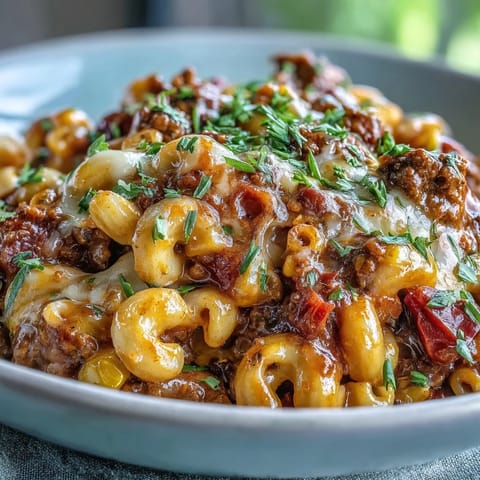 A serving of One-Pot Tex-Mex Chili Mac with Corn topped with jalapeños and sour cream on a rustic plate. 