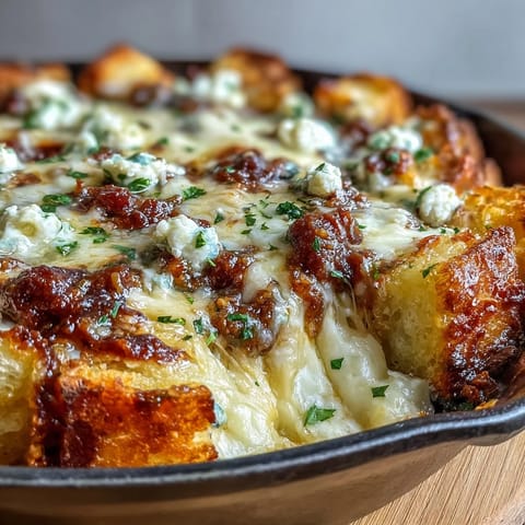 Golden, bubbly mozzarella tops layers of the Cheesy Garlic Bread Lasagna Skillet, served hot from the oven.