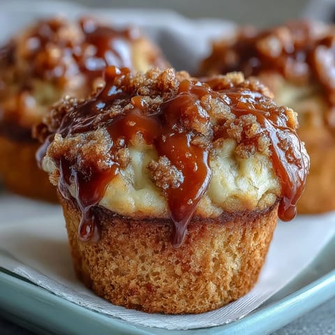 Warm Caramel Cream Cheese Swirl Muffins feature a moist banana base, revealing rich swirls of cream cheese filling when broken open.