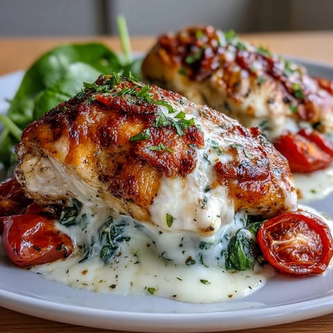 Flavorful chicken bake layered with creamy Greek yogurt, fresh spinach, and juicy tomatoes, perfect for high-protein meal prep.