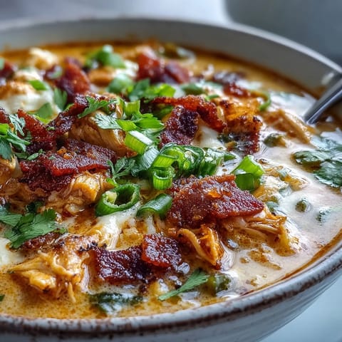 Velvety chicken soup with bold jalapeño and bacon flavors, garnished with cilantro and served steaming hot.  