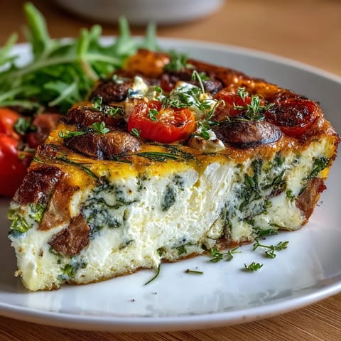 A light, fluffy egg white frittata filled with spinach, red bell peppers, and onions, topped with low-fat feta for a nutritious, low-calorie meal.