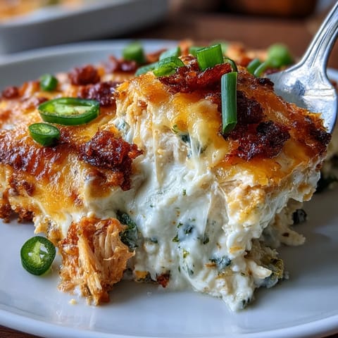 Creamy, spicy, and cheesy chicken casserole with jalapeños, bacon, and cauliflower rice, garnished with fresh green onions for a vibrant, low-carb dinner.