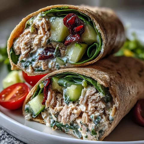 Fresh tuna and white bean wrap with crisp cucumber, tomatoes, and zesty lemon dressing, perfect for a healthy Mediterranean-inspired lunch.