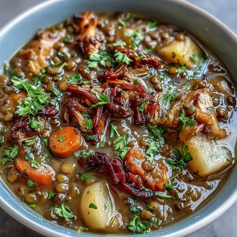 Hearty ham bone and lentil soup with root vegetables, simmered to perfection for a comforting meal.