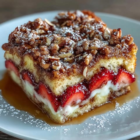 Decadent Galentine's Brunch Strawberry French Toast Casserole with golden brioche, fresh berries, and crunchy almond topping.  