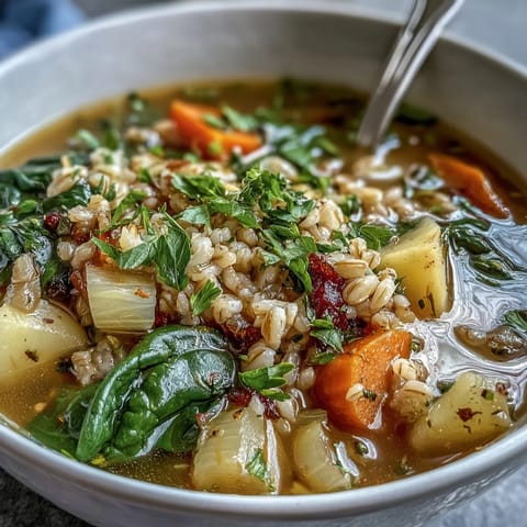 Warm Winter-to-Spring Vegetable Soup with Barley, a comforting bowl of hearty vegetables and tender barley in savory broth.
