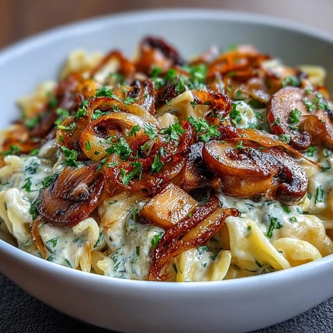 Creamy onion and mushroom stroganoff served over tender egg noodles with a rich, savory sauce.  