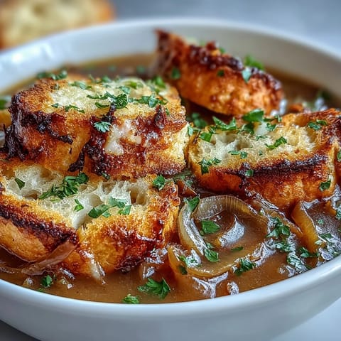 Creamy roasted garlic and caramelized onion soup with golden herb croutons in a rustic bowl.  