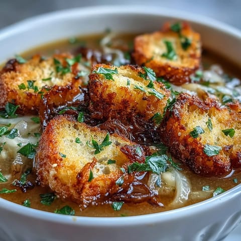 Aromatic French-inspired soup featuring slow-roasted garlic, sweet onions, and crispy herb croutons.  