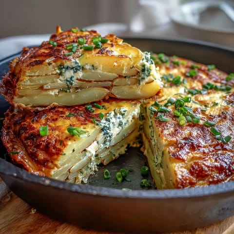 Golden and puffy spring onion and potato frittata topped with melted cheddar, perfect for brunch or a light dinner with a crisp salad.