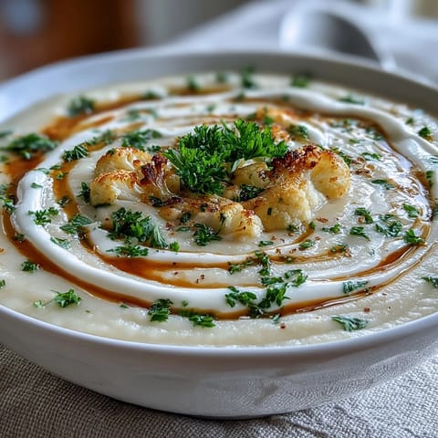 Creamy Onion and Cauliflower Soup in a white bowl, garnished with fresh chives and a swirl of cream, perfect for a cozy vegetarian meal.  