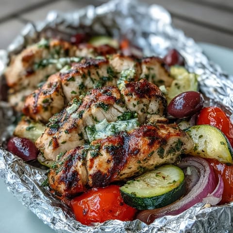 Greek Chicken and Veggie Foil Packets with Lemon and Oregano: Easy, healthy dinner featuring tender chicken, fresh vegetables, and zesty lemon-oregano marinade, all cooked in convenient foil packets.  