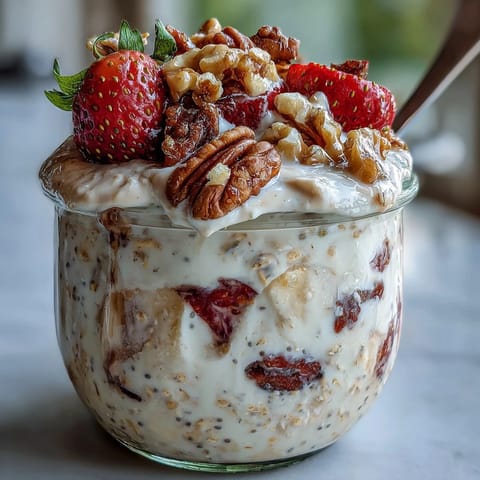 Strawberry Banana Bread Overnight Oats with walnuts in a glass jar, topped with fresh strawberries and banana slices, creamy and nutritious breakfast.  