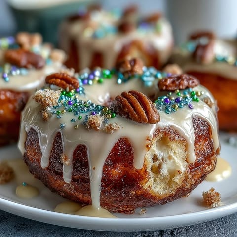 Festive King Cake donuts with colorful Mardi Gras sprinkles, vanilla glaze, and soft baked texture for a vibrant treat.  