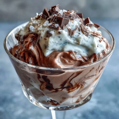 Fluffy yogurt protein mousse with cocoa and sea salt, a creamy high-protein dessert topped with dark chocolate shavings.
