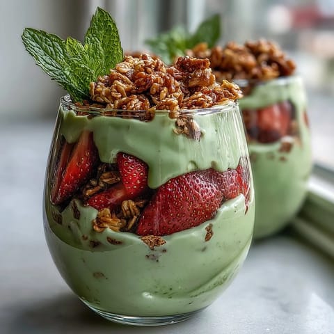 Layered parfait showcasing bright red strawberries, earthy matcha yogurt, and golden granola for a refreshing breakfast treat.