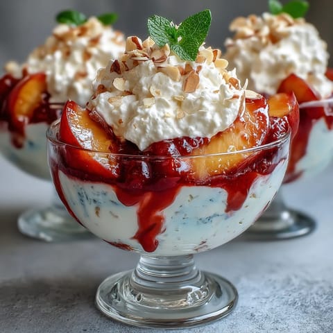 Fluffy yogurt peach Melba cups with toasted almonds, layered with fresh peaches, raspberries, and creamy Greek yogurt, topped with crunchy nuts.