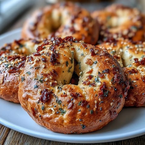Fluffy protein bagels topped with savory everything seasoning, golden brown and freshly baked.  