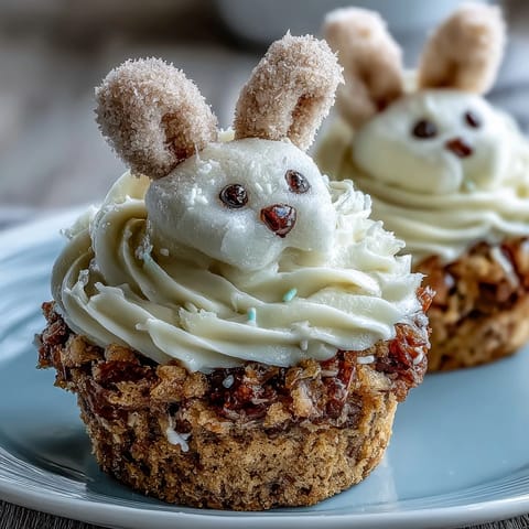 Easter Bunny Carrot Cake Cupcakes topped with fluffy cream cheese frosting and decorated as cute bunny faces for spring celebrations.