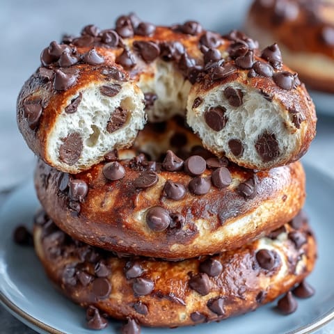 A batch of soft, protein-packed bagels loaded with melty chocolate chips, perfect for a healthy breakfast treat.  