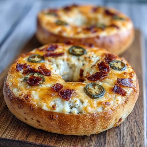 Golden high-protein bagels topped with melted cheddar and jalapeño slices, offering a spicy and savory twist on a classic breakfast favorite.  