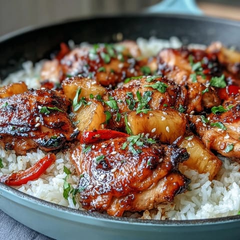 A colorful Pineapple Chicken and Rice Skillet with bell peppers, juicy pineapple, and tender chicken in a sweet-savory sauce.