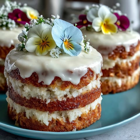 Delicate mini birthday layer cakes with vanilla and lemon, topped with pastel buttercream and vibrant edible spring flowers.  