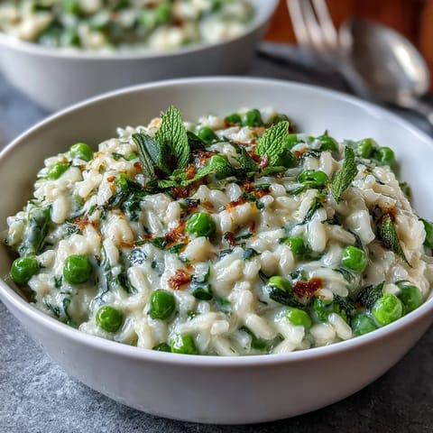 Creamy spring risotto with fresh peas, mint, and Parmesan, perfect for an elegant dinner party.