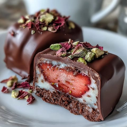 Decadent Dubai-inspired strawberry truffles coated in rich dark chocolate with a hint of rose and cardamom.