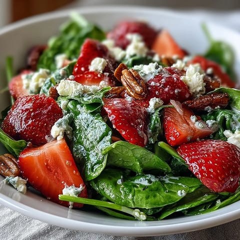 Fresh strawberry spinach salad with poppyseed dressing in a white bowl, topped with toasted almonds and crumbled feta cheese.