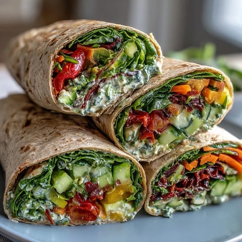 Colorful rainbow veggie wraps with crisp bell peppers, carrots, cucumber, and purple cabbage, wrapped in whole wheat tortillas for a healthy lunch.