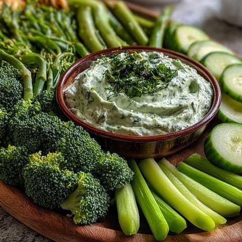 A vibrant green snack board with cucumber, snap peas, and creamy avocado ranch dip.  