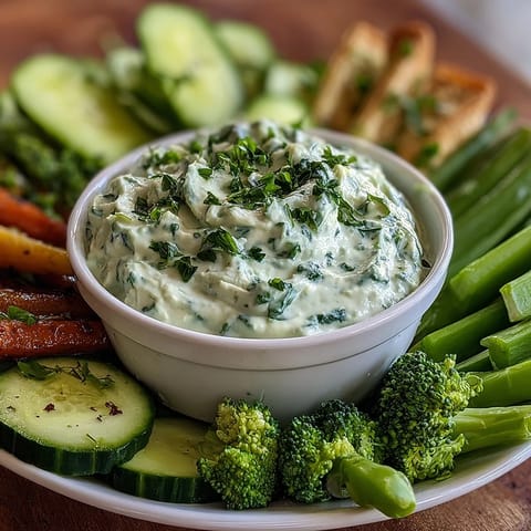 Fresh vegetable platter featuring crisp cucumbers, snap peas, and broccoli with avocado ranch.  