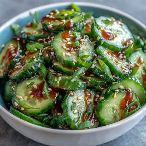 Crisp Asian cucumber salad with sesame and rice vinegar, garnished with green onions and sesame seeds, served chilled.