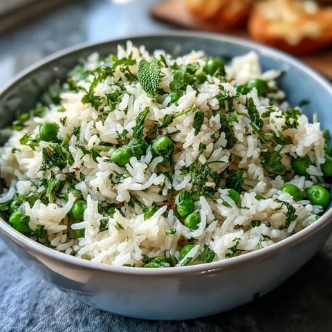 A fragrant rice pilaf with sweet spring peas, fresh mint, and bright lemon zest, served as a light side dish.