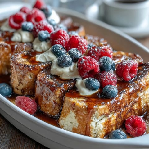 Fluffy pancake casserole layered with fresh berries and creamy custard, baked golden and dusted with powdered sugar for a festive Mothers Day brunch.