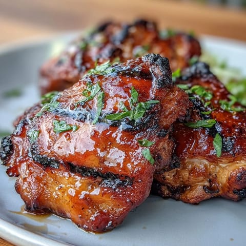 Honey sriracha grilled chicken thighs with caramelized glaze and fresh cilantro garnish.  