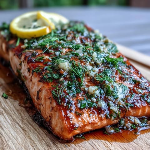 Cedar Plank Salmon with Garlic Dill: smoky grilled salmon on aromatic cedar planks, infused with fresh garlic, dill, and lemon for a vibrant summer main dish.