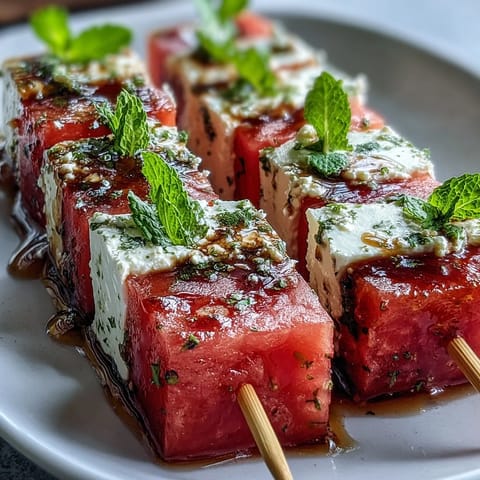 Juicy watermelon cubes, creamy feta, and fresh mint on skewers for a vibrant summer appetizer.  