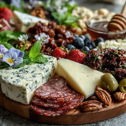Vibrant Spring Charcuterie Board with Edible Flowers and Fruits, showcasing cured meats, cheeses, and colorful produce on a rustic platter.
