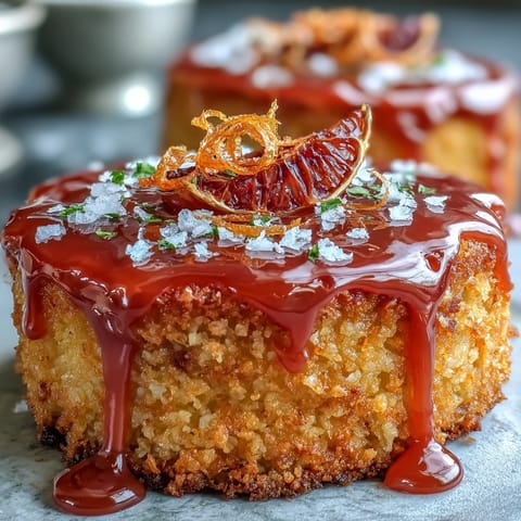 A vibrant gluten-free blood orange polenta cake, rich with almond flavor and topped with a striking pink citrus glaze.
