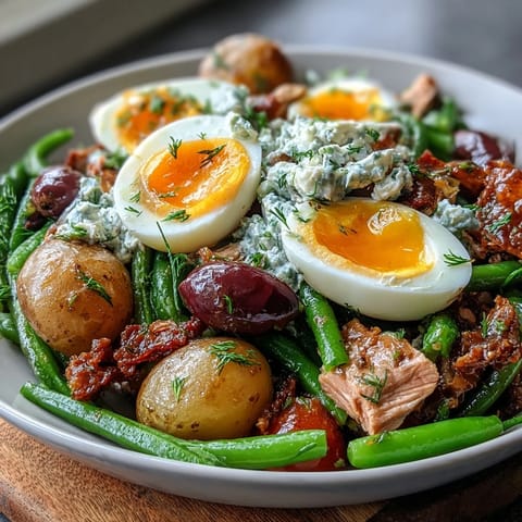 Vibrant Spring Niçoise Salad with tuna, green beans, potatoes, and soft-boiled eggs in zesty vinaigrette.
