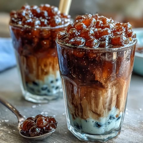 Creamy brown sugar boba milk tea with chewy tapioca pearls and a sweet syrup swirl.