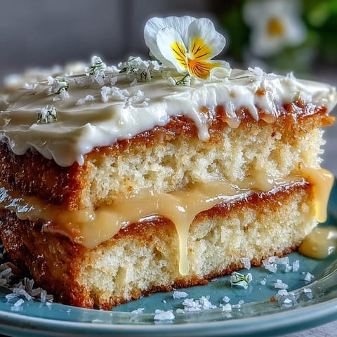 Glistening lemon curd filling Mother's Day Lemon Curd Layer Cake, elegantly adorned.
