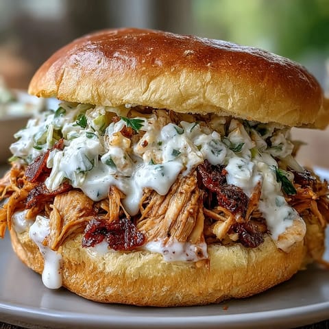 Juicy smoked pulled chicken sandwiches glistening with creamy white BBQ sauce.