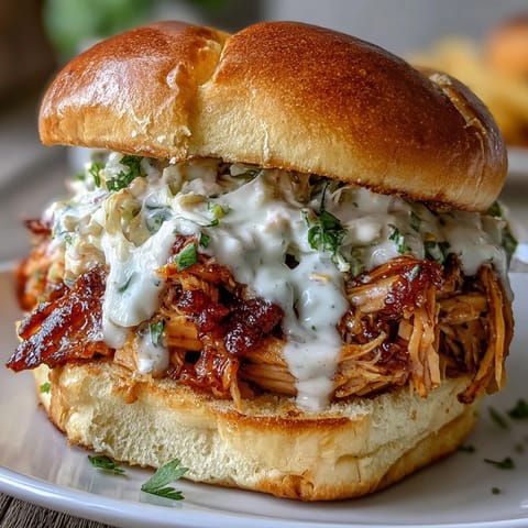 Overflowing smoked pulled chicken sandwiches awaiting a drizzle of tangy sauce.