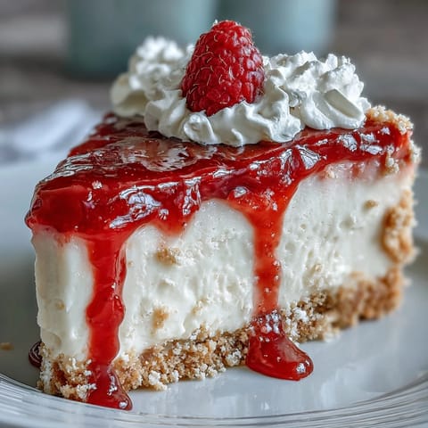 Creamy Mother's Day no-bake cheesecake topped with vibrant raspberry coulis.