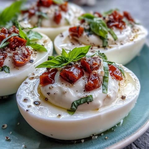Caprese Deviled Eggs: creamy, vibrant bites topped with fresh tomato and basil.